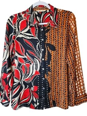 Soft Surroundings 100% Silk Long Sleeve Button Down Blouse Size PS Boho Chic